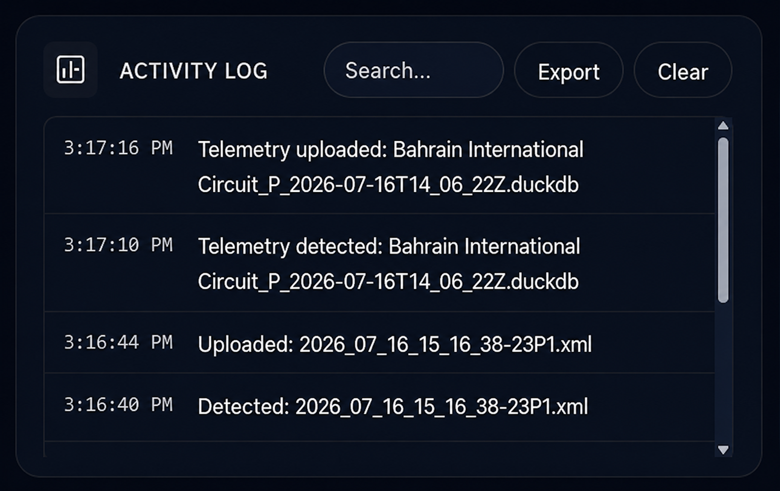 Activity Log — upload status, skips, and errors