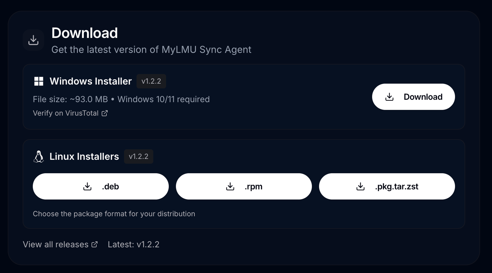 Dashboard Sync Agent page — download for your platform