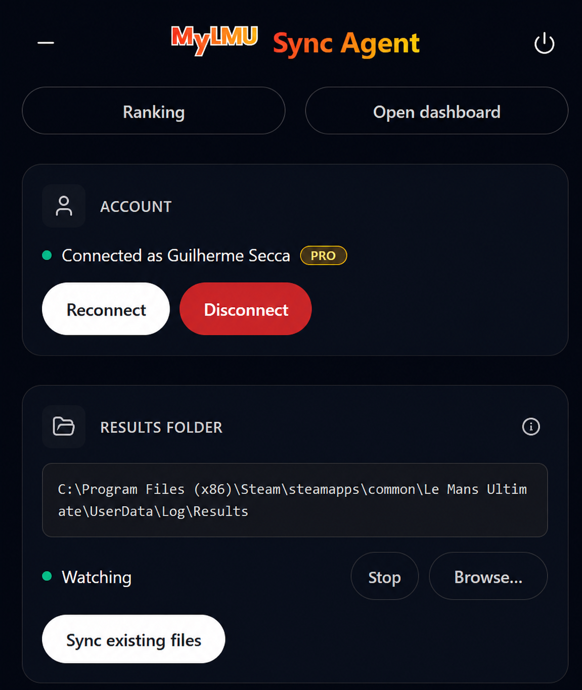 MyLMU Sync Agent — connected, folder monitoring, and activity log