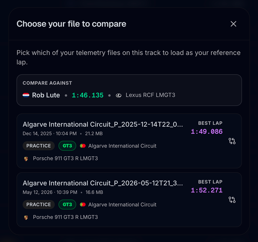 Compare dialog — pick your telemetry file on the same track