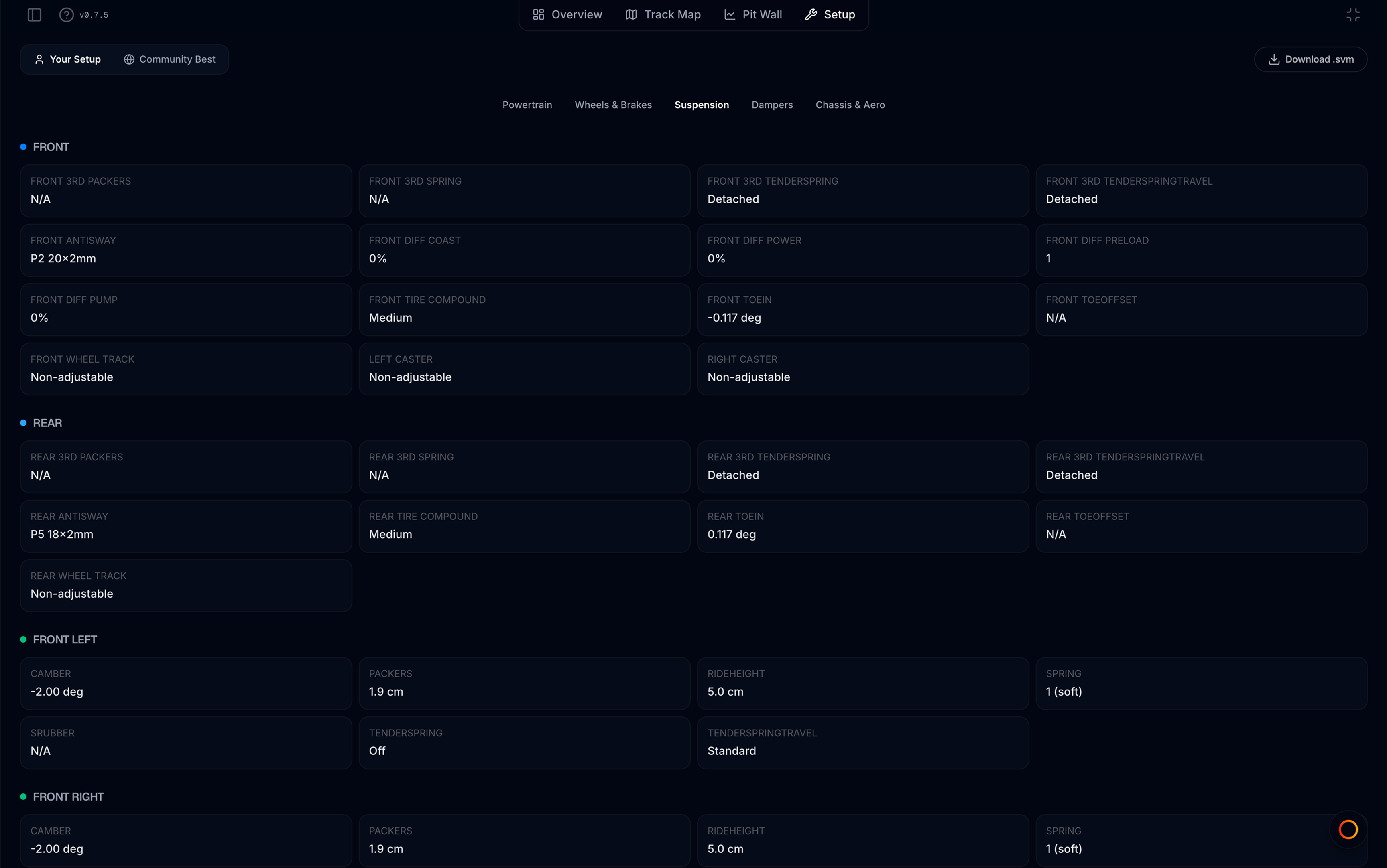 Setup tab — parameters extracted from the recording